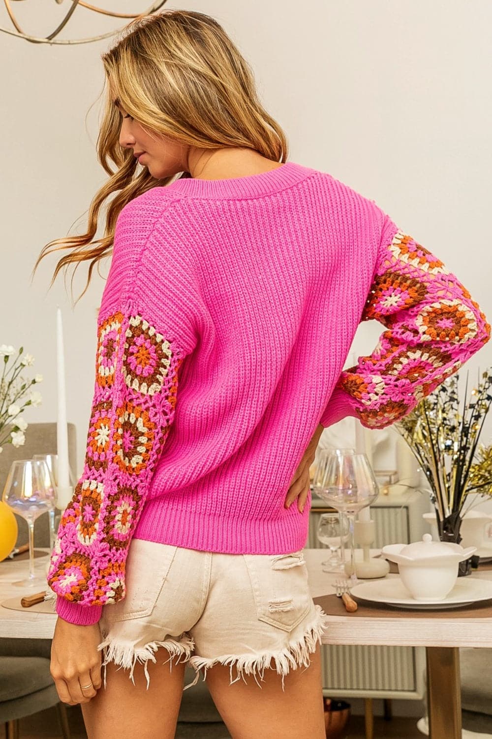 BiBi V-Neck Crochet Long Sleeve Sweater.