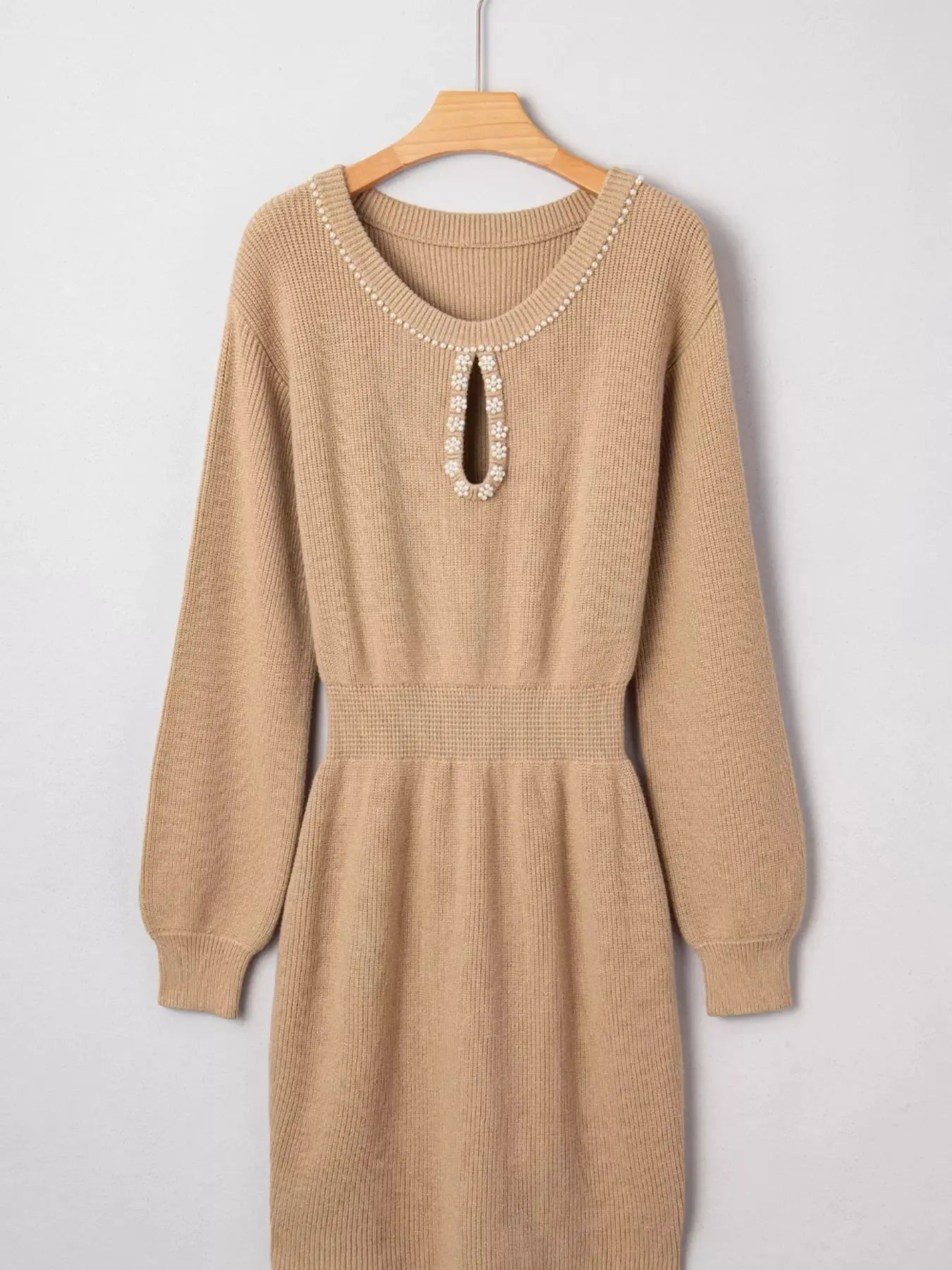 Pearl Embellished Keyhole Ribbed Sweater Dress Simply Love
