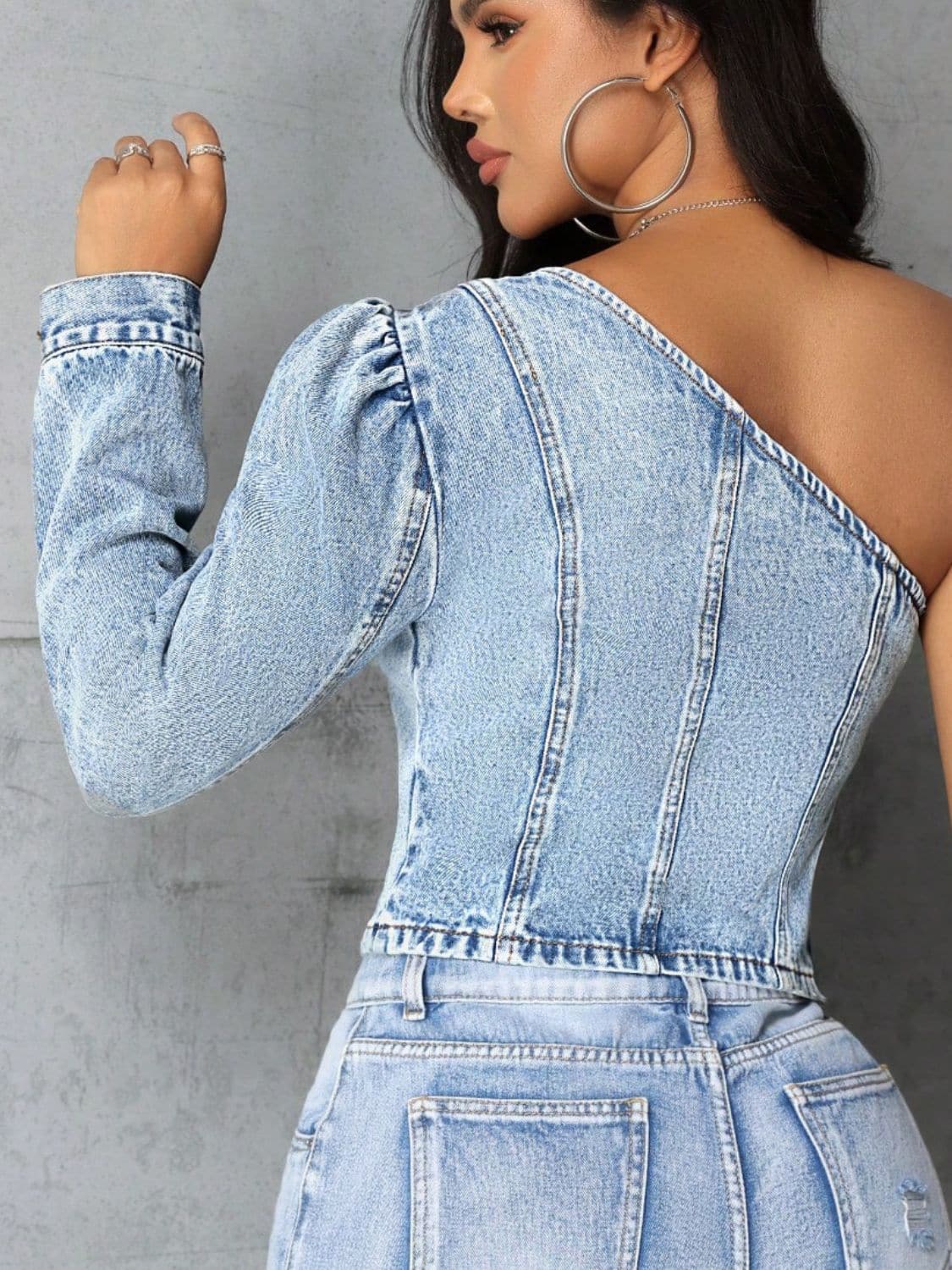 One Shoulder Long Sleeve Denim Top.