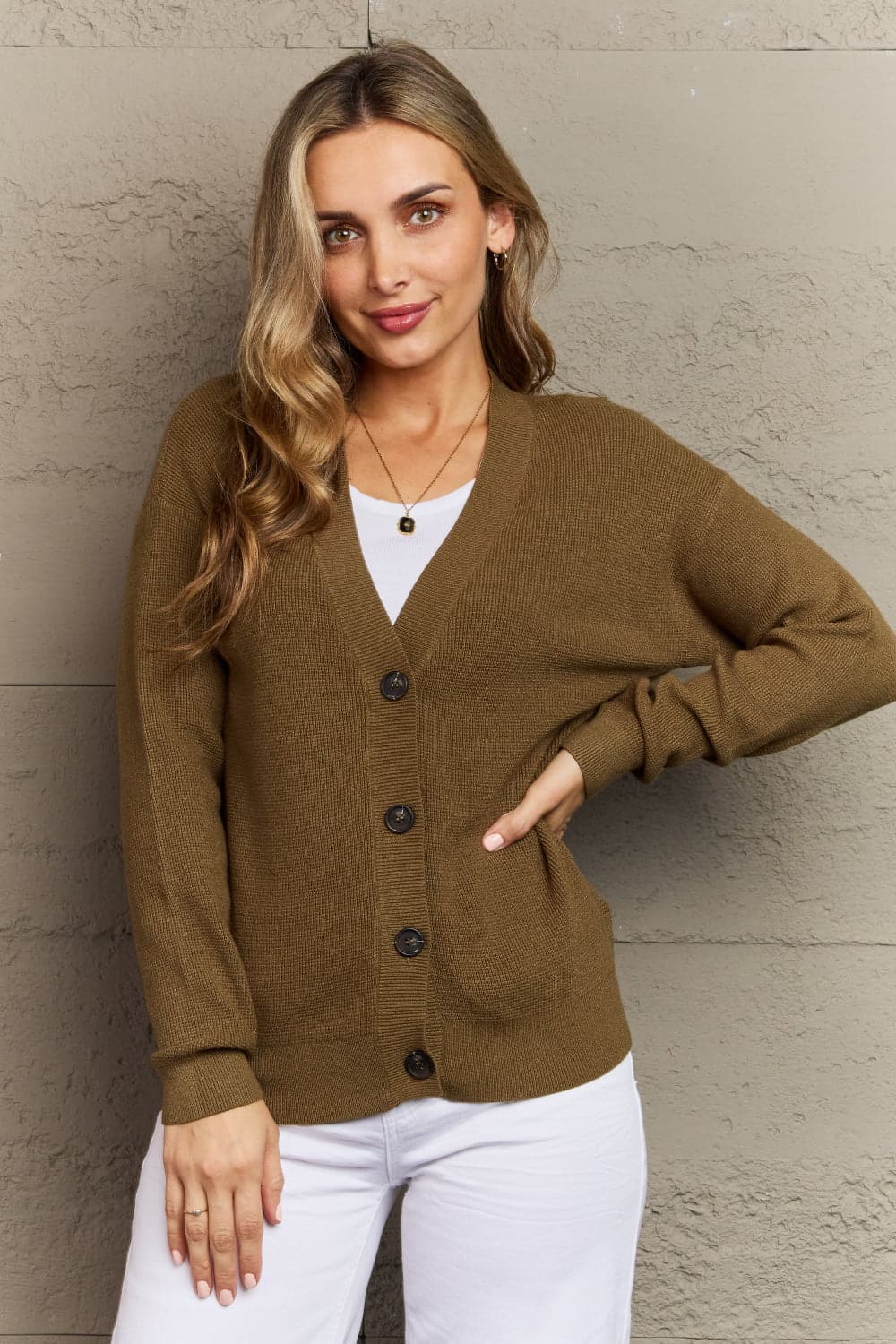 Zenana Kiss Me Tonight Full Size Button Down Cardigan in Olive.