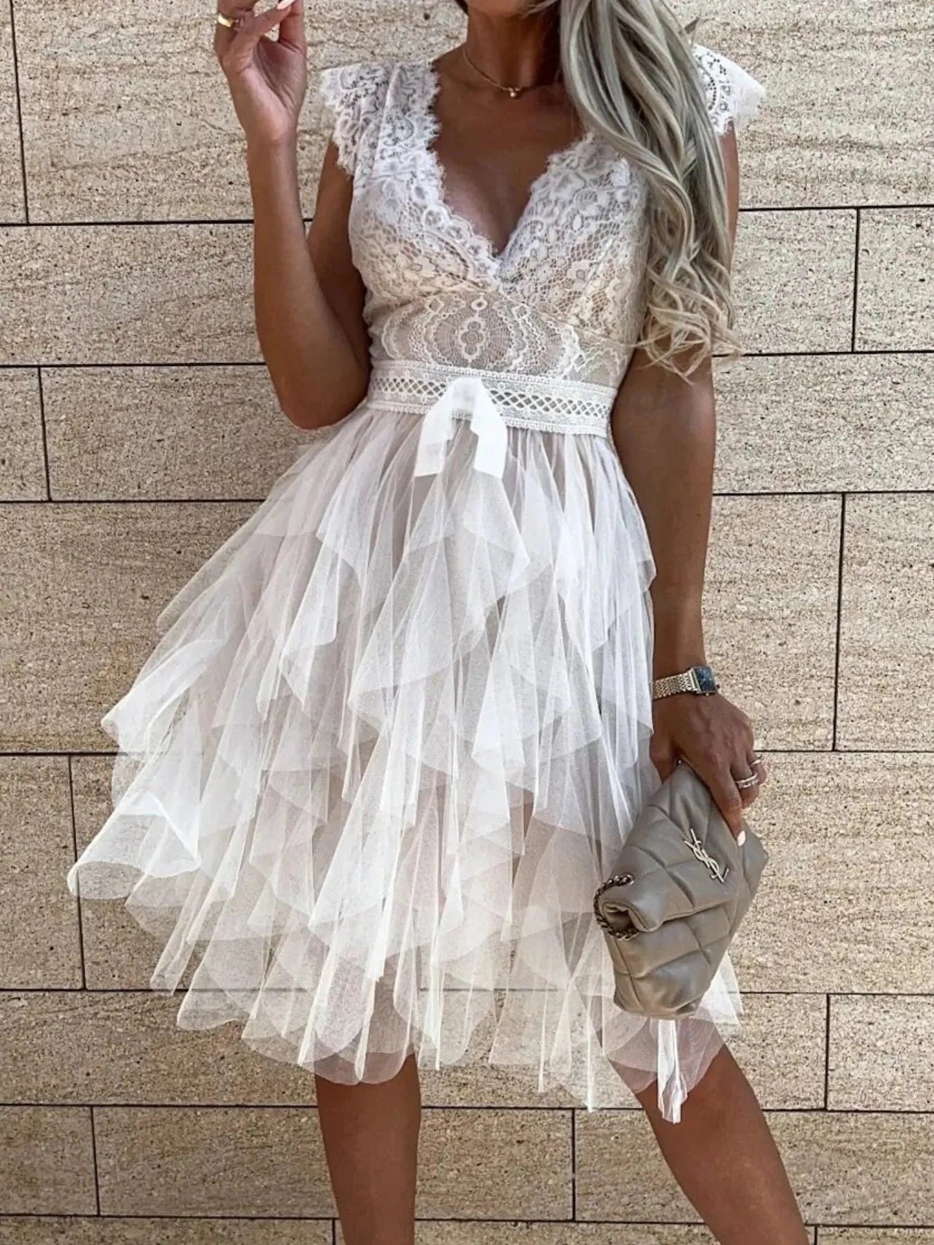 Lace V-Neck Ruffle Dress Coco’s Tee Boutique