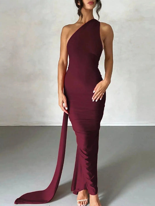 Backless One-Shoulder Ruched Bodycon Maxi Dress Simply Love