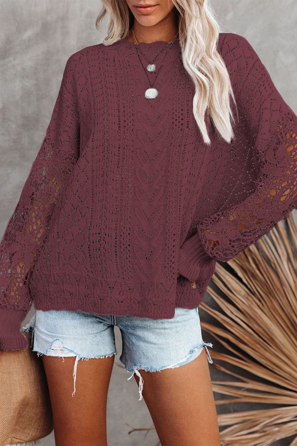 Openwork Lantern Sleeve Dropped Shoulder Sweater.