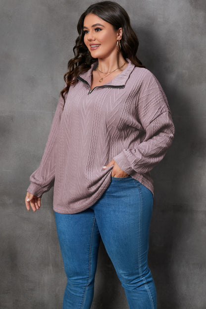 Curvy chic textured knit zip-up pullover