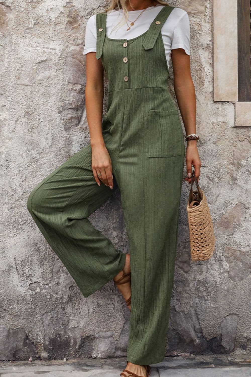 Textured Pocketed Wide Strap Overalls.