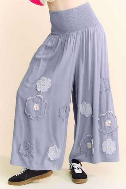 Floral Patch Smocked Waist Wide-Leg Trousers