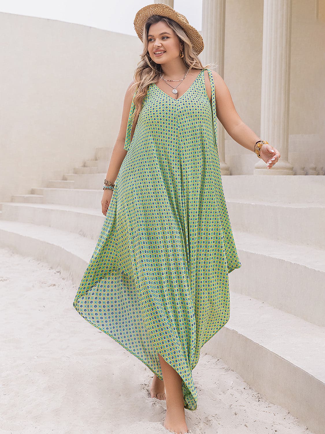 Plus Size Printed V-Neck Wide Leg Jumpsuit.