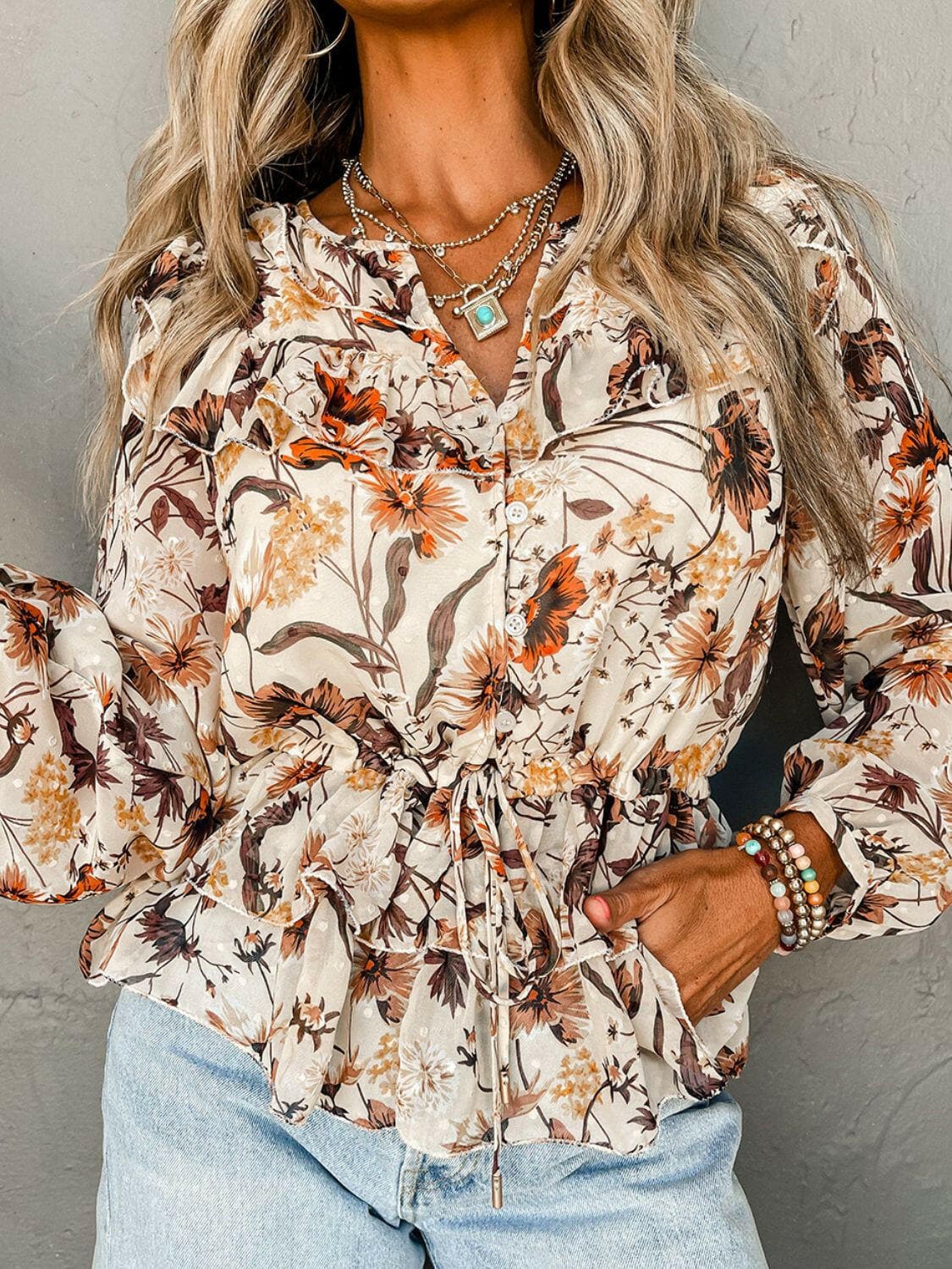 Drawstring Floral Lantern Sleeve Blouse.