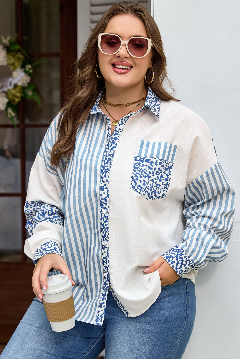 Sky Blue Leopard Patchwork Striped Casual Plus Shirt Dear-Lover Dropshipping