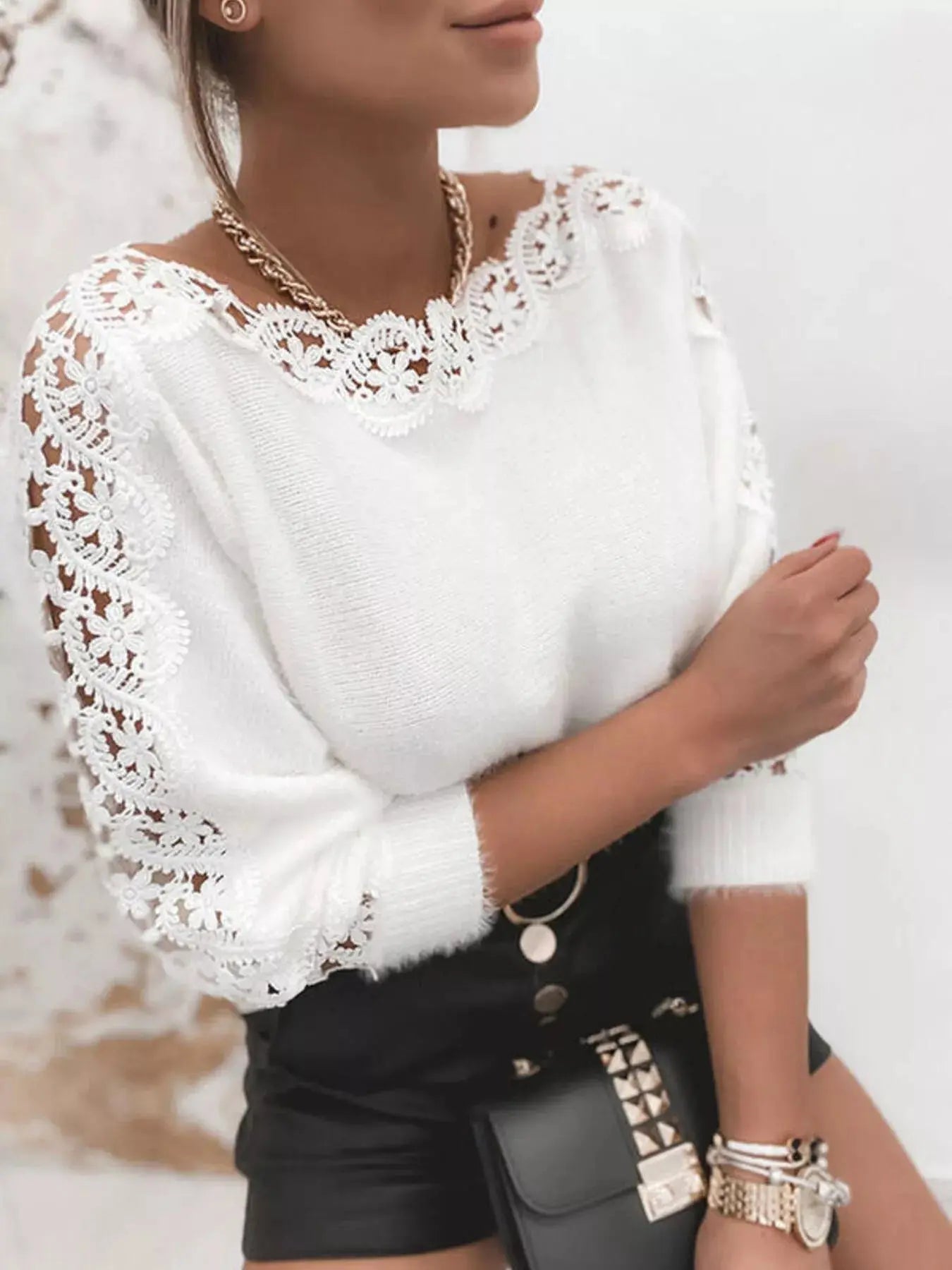 Lace Trim Round Neck Sweater Simply Love