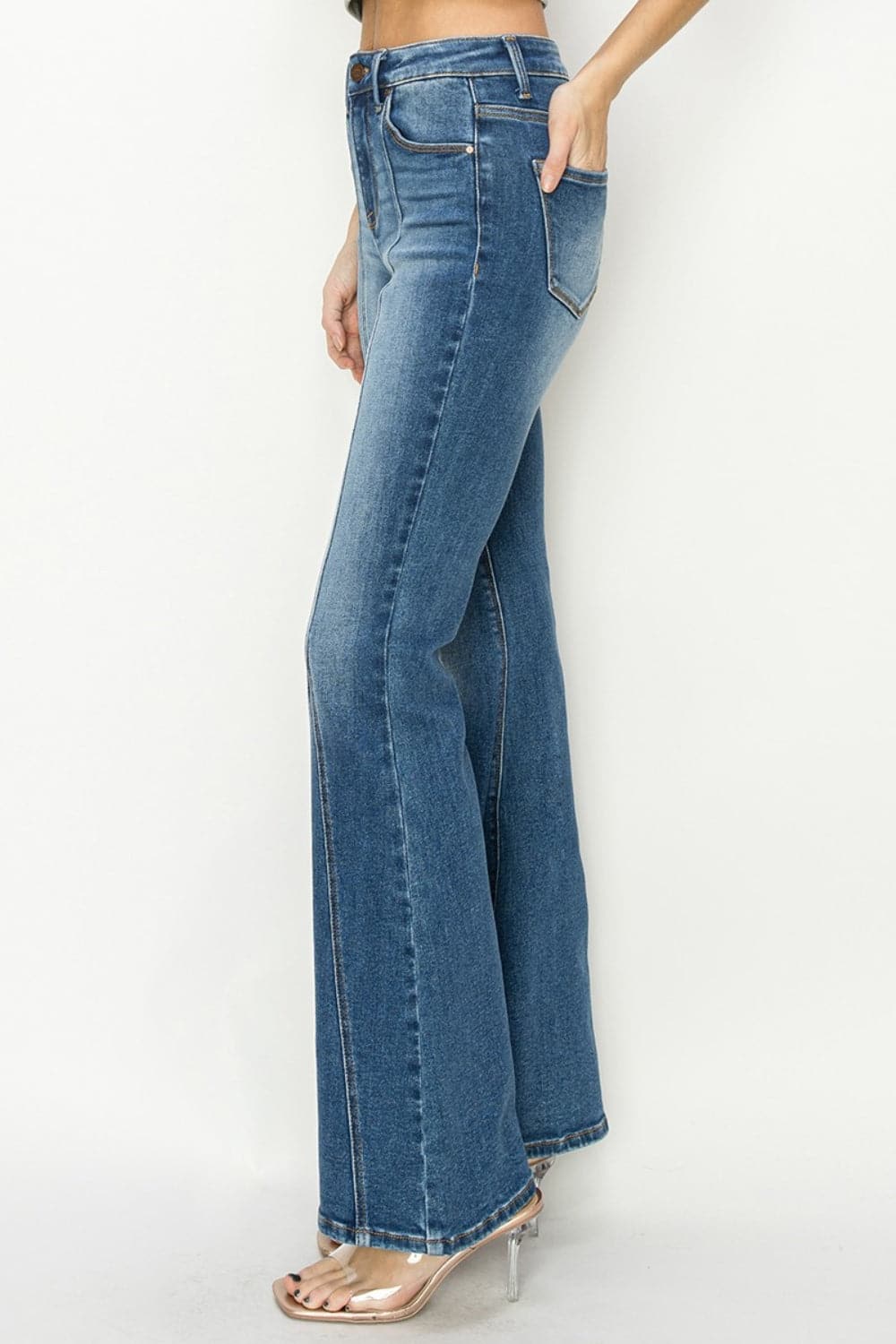 RISEN Full Size High Rise Front Seam Detailed Flare Jeans.