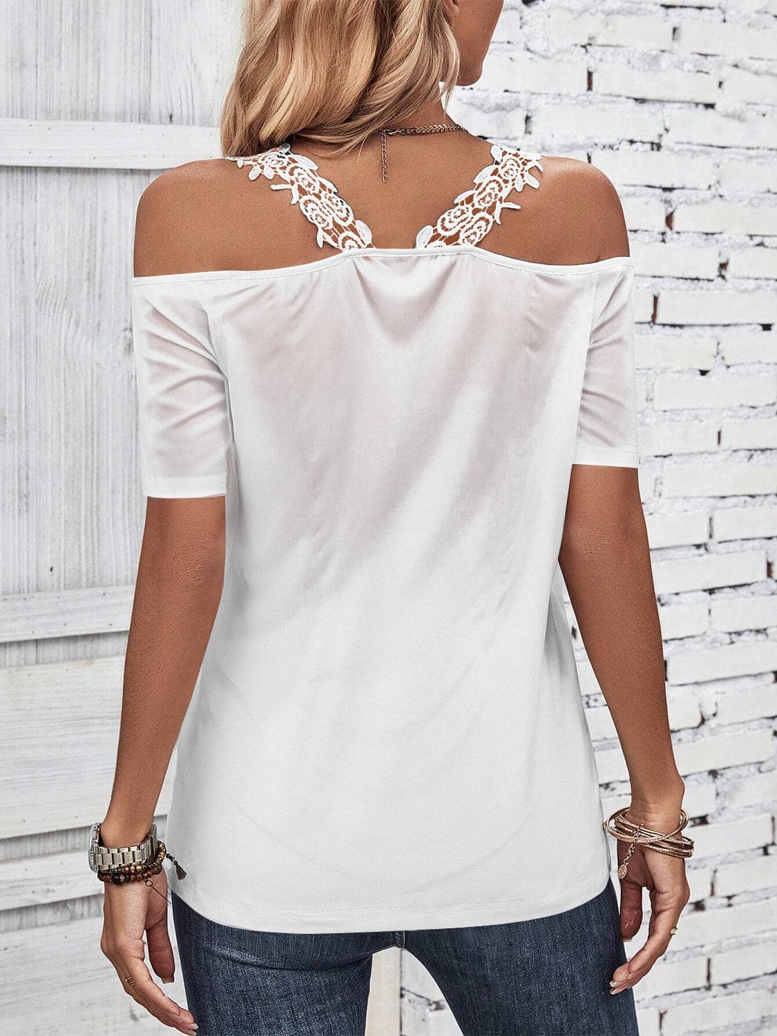 Full Size Lace Detail Short Sleeve T-Shirt.