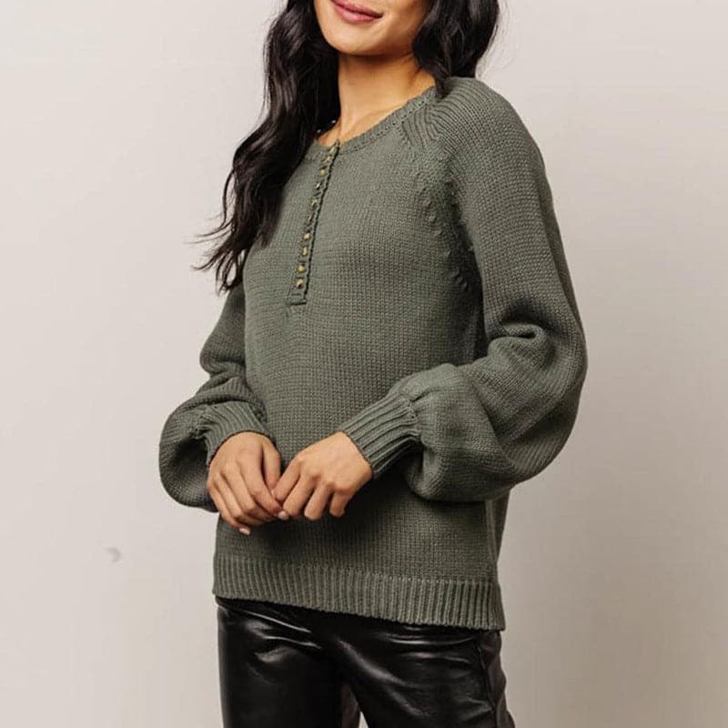 Buttoned Round Neck Long Sleeve Sweater.