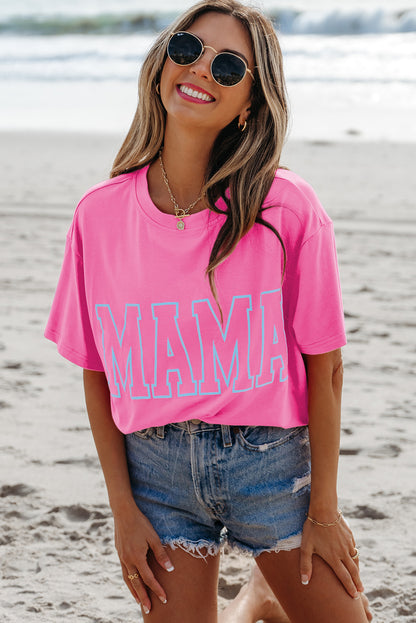 Bright Pink MAMA Letter Graphic Neon T Shirt for Moms