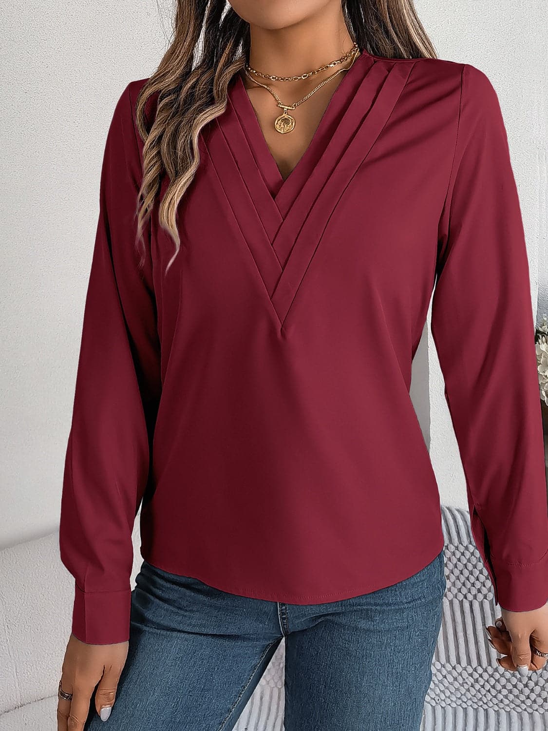 V-Neck Long Sleeve Blouse.