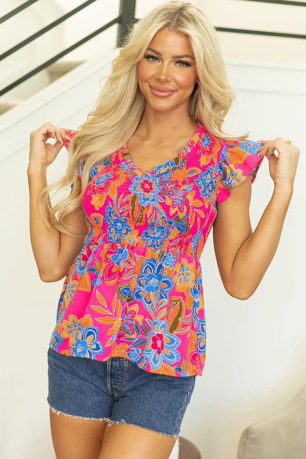 Zaniyah Floral Smocked Ruffle Trim Flutter Sleeve Blouse - Love Salve 
