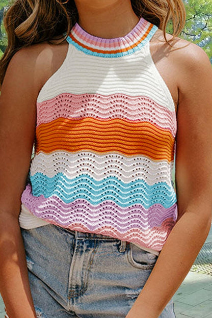 Color block round neck knit vest with pink, orange, blue, and white stripes.