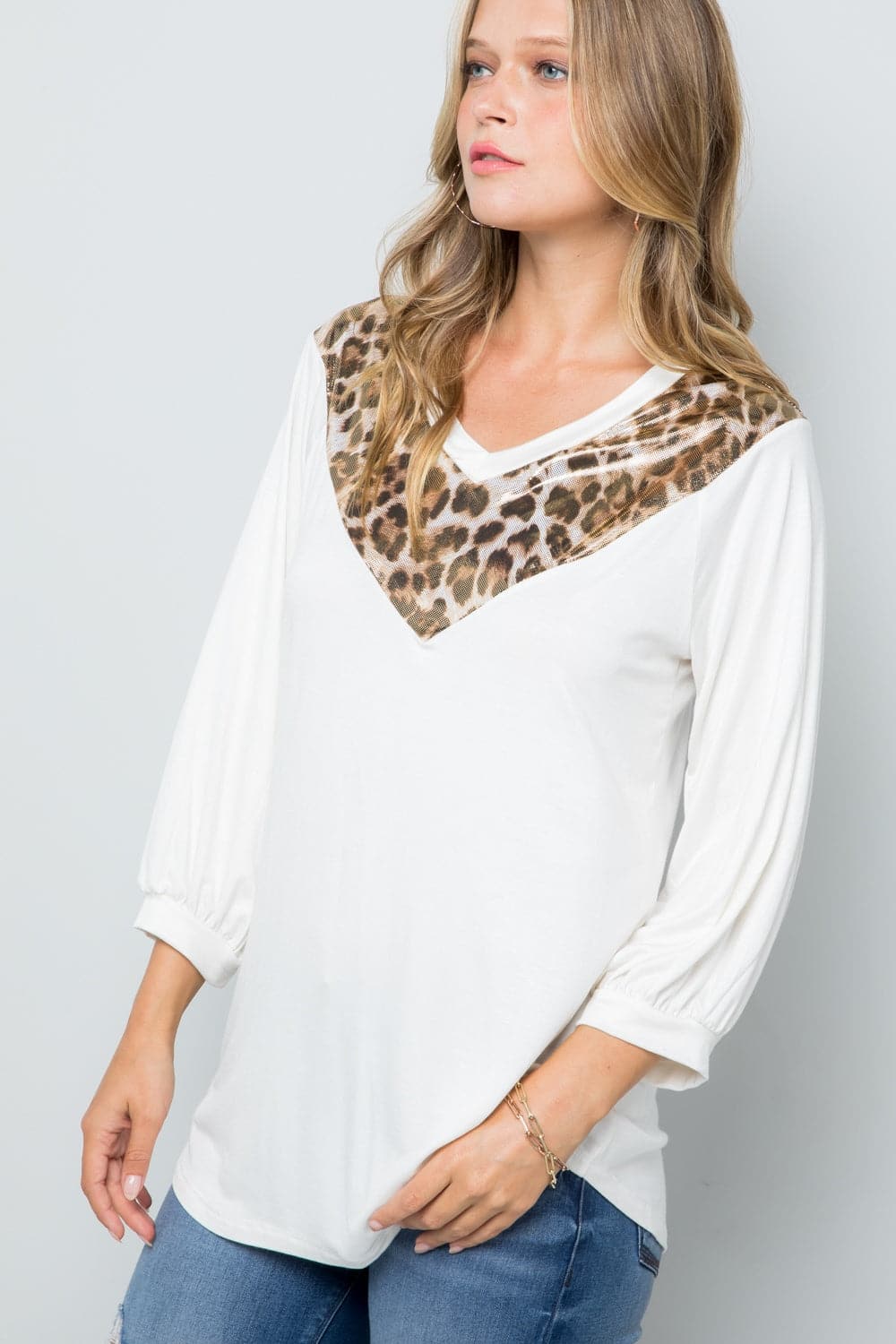 Celeste Full Size Leopard Contrast Balloon Sleeve Top.