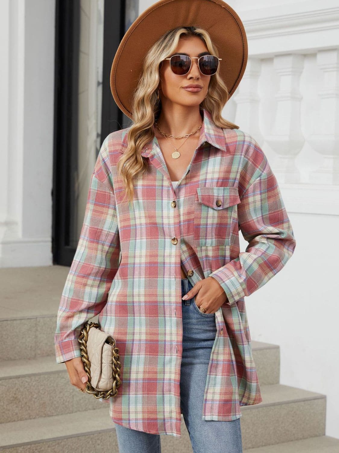 Plaid Collared Neck Long Sleeve Shirt.