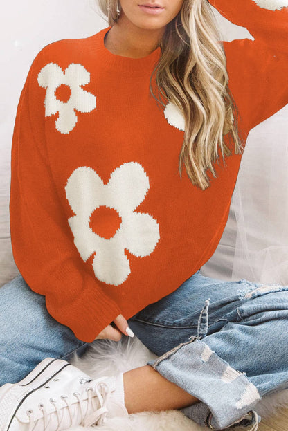 Round Neck Floral Pattern Color Contrast  Design Long Sleeve Sweater.