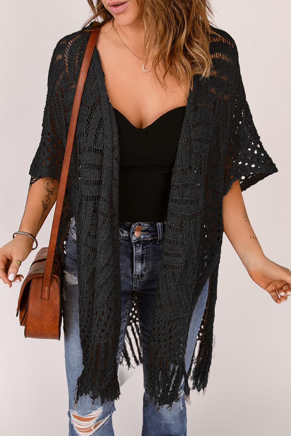 Fringe Hem Slit Open Front Cardigan.