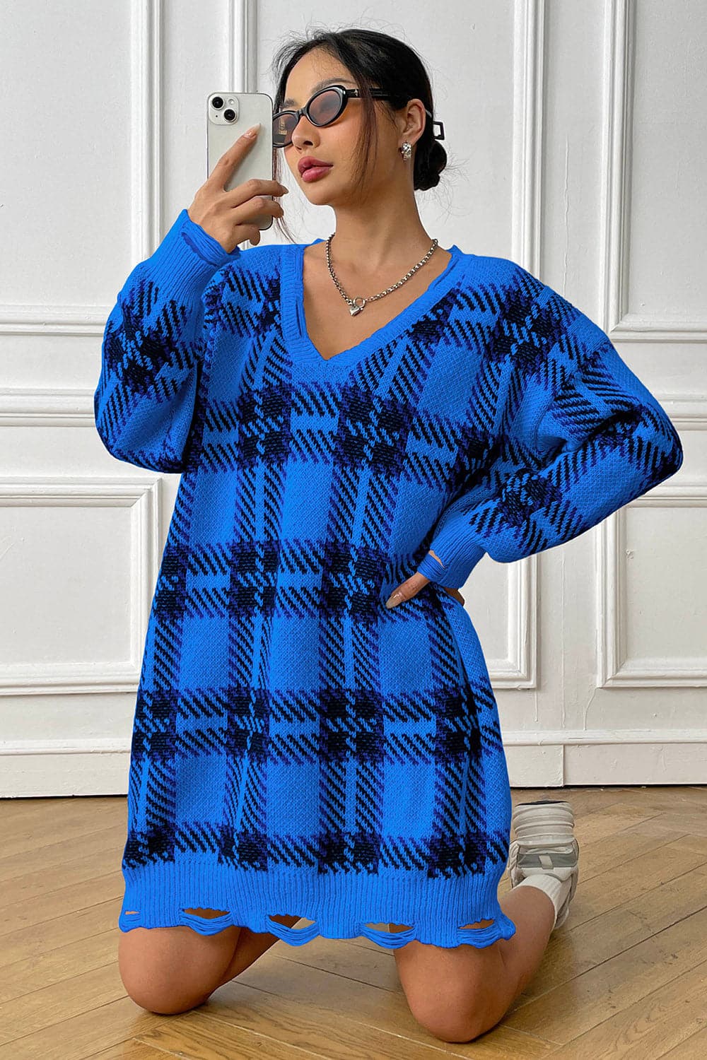 Plaid V-Neck Long Sleeve Sweater Dress.