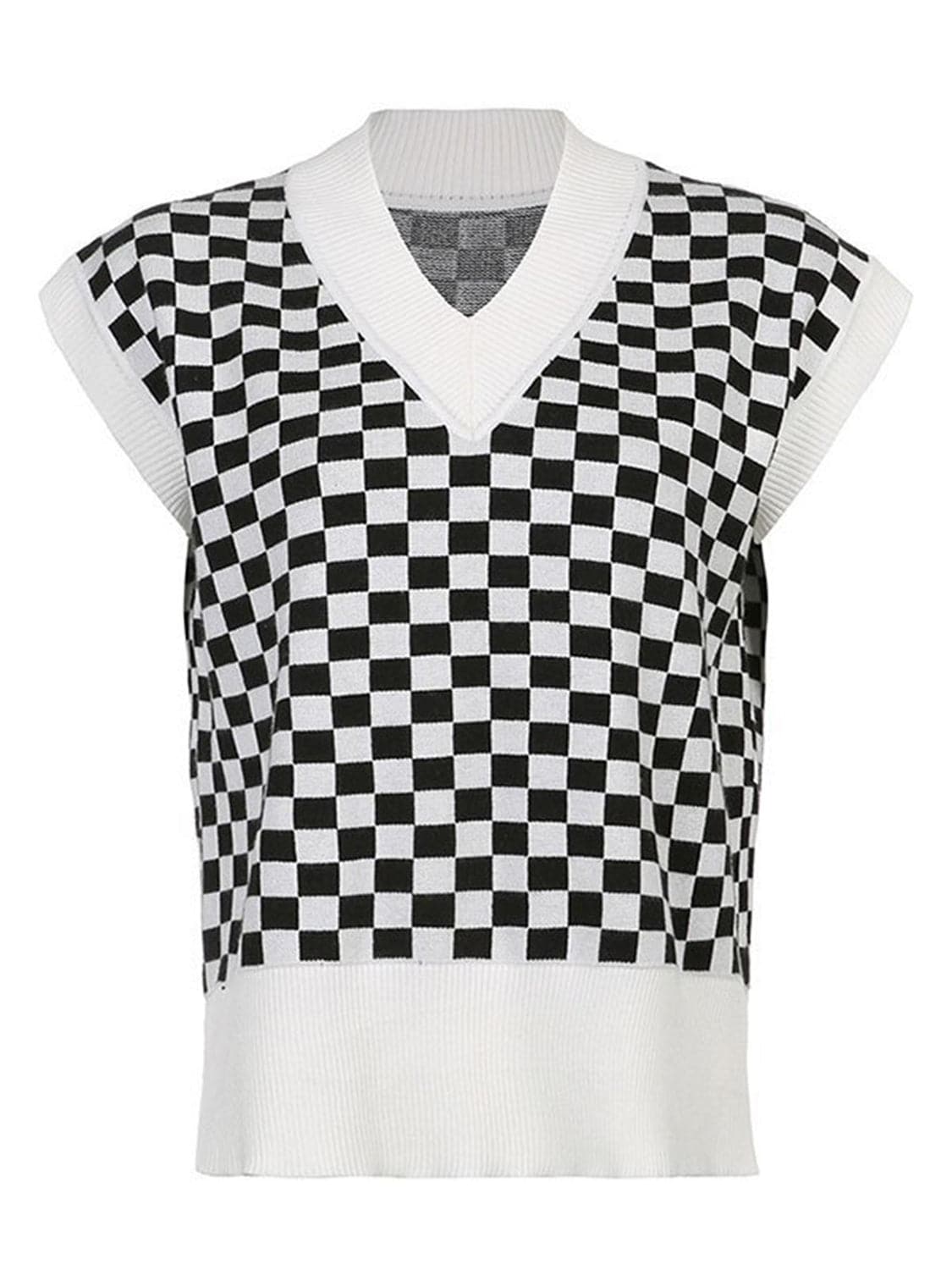 Full Size Checkered V-Neck Cap Sleeve Sweater.