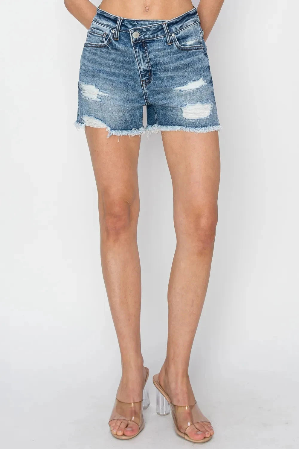 RISEN Stepped Waist Frayed Denim Shorts Coco’s Tee Boutique