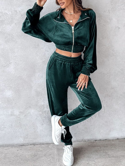 Cropped Zip-Up Long Sleeve Top and Jogger Set with Pockets