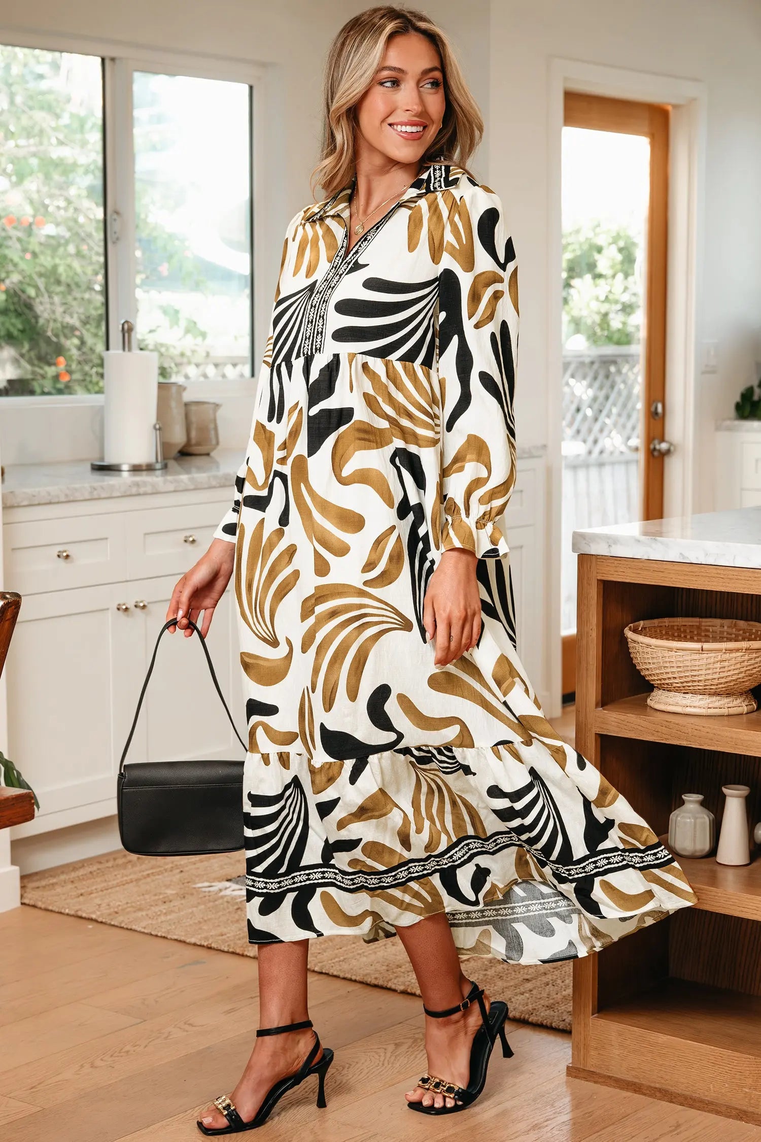 Brown Tropical Print Long Sleeve Dress With Contrast Trim Neck And Ruffle Hem Dear-Lover Dropshipping