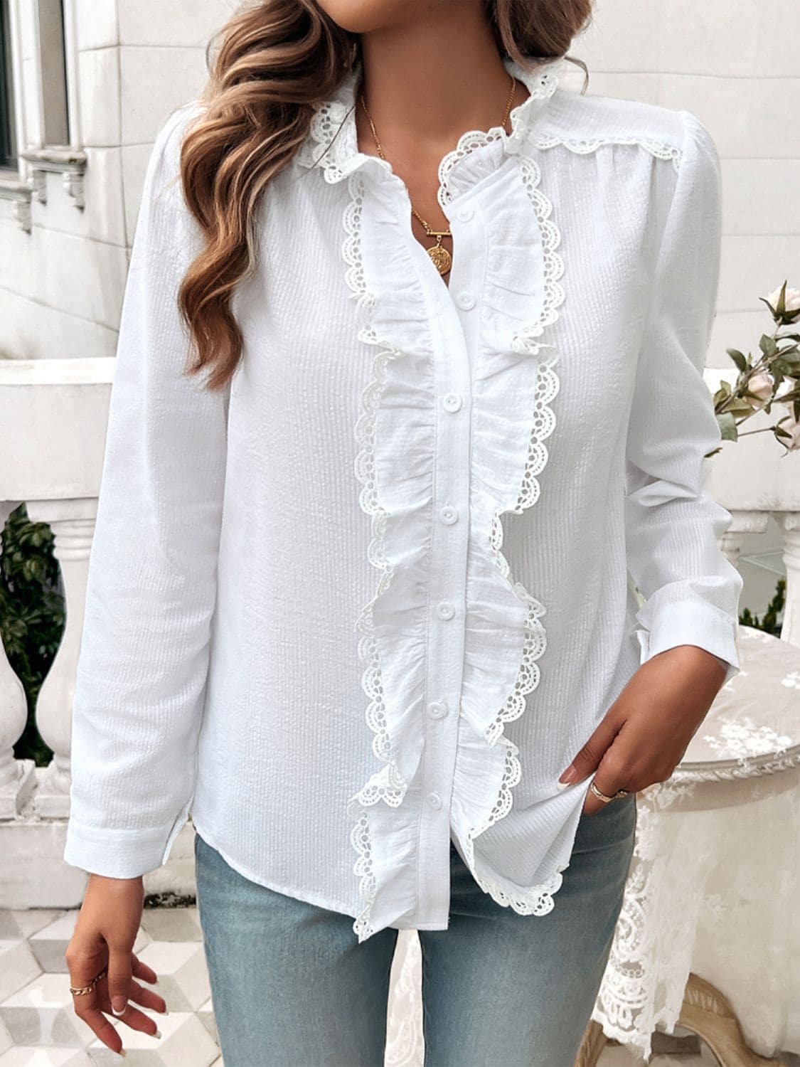 Textured Lace Detail Long Sleeve Shirt.