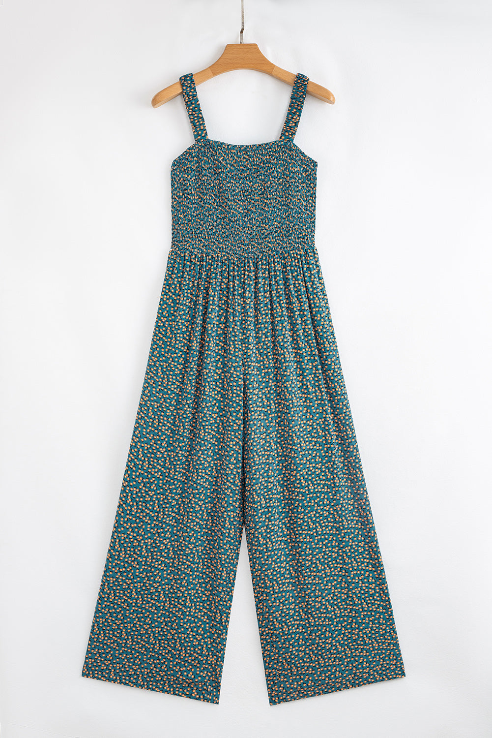Green Floral Print Smocked High Waist Square Neck Jumpsuit Love Salve