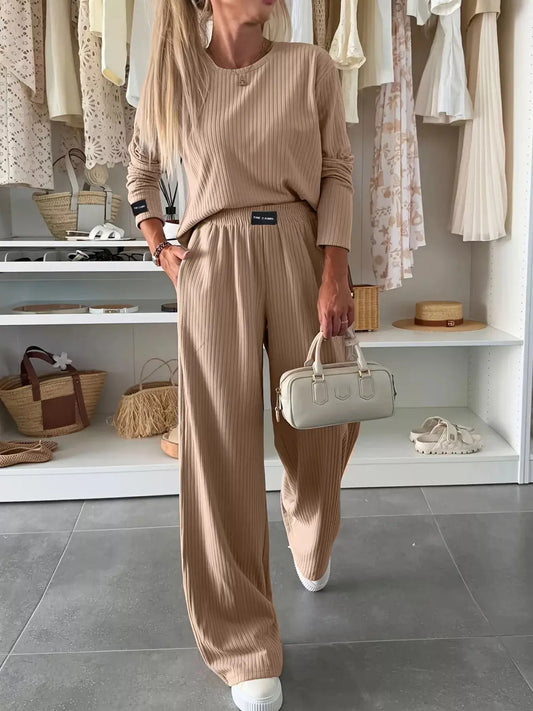 Ribbed Knit Round Neck Top and Pants Set Simply Love