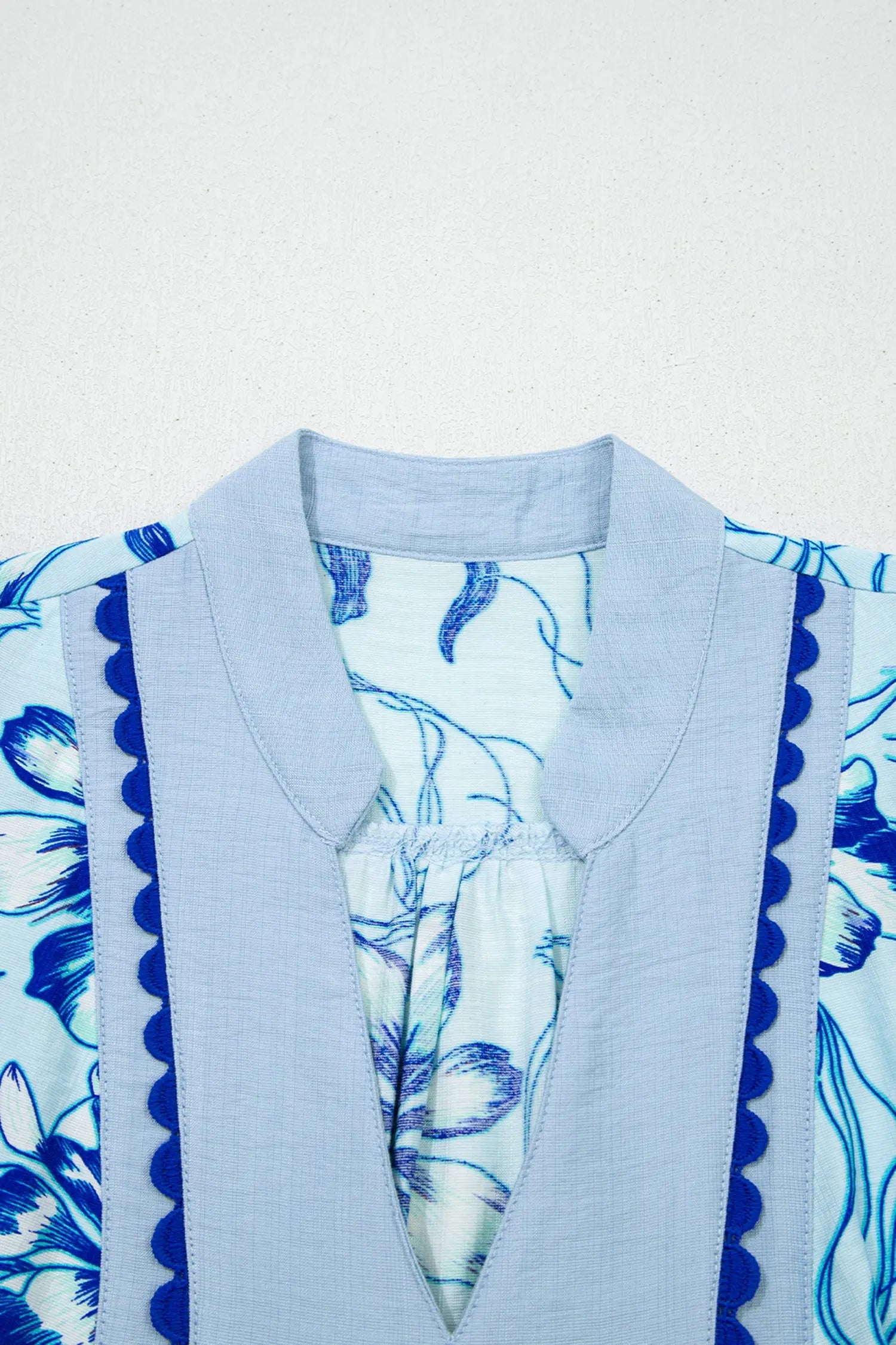 Sky Blue Ricrac Trim Slit V Neck Short Sleeve Floral Blouse Dear-Lover Dropshipping