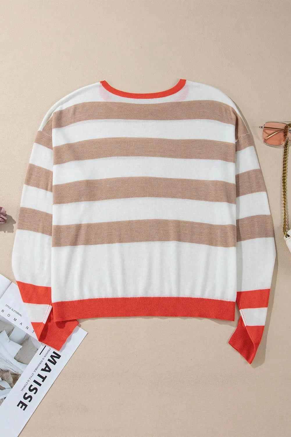 Contrast Striped Round Neck Long Sleeve Knit Top