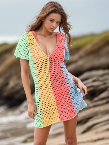 Openwork Color Block V-Neck Short Sleeve Cover-Up.