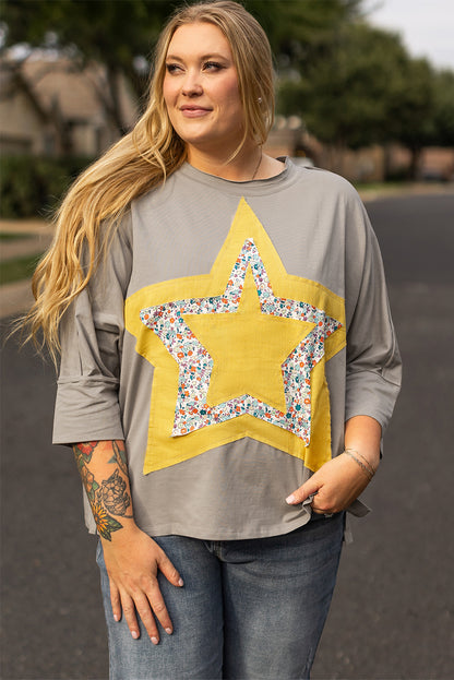 Chic medium grey floral star patch top with 3/4 sleeves in plus sizes