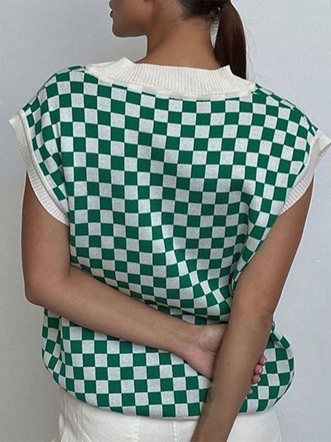 Full Size Checkered V-Neck Cap Sleeve Sweater.