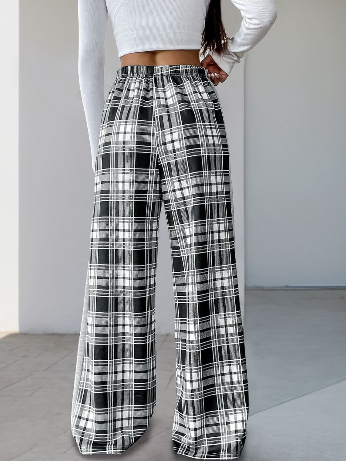 Plaid Wide Leg Drawstring Trousers by Perfee