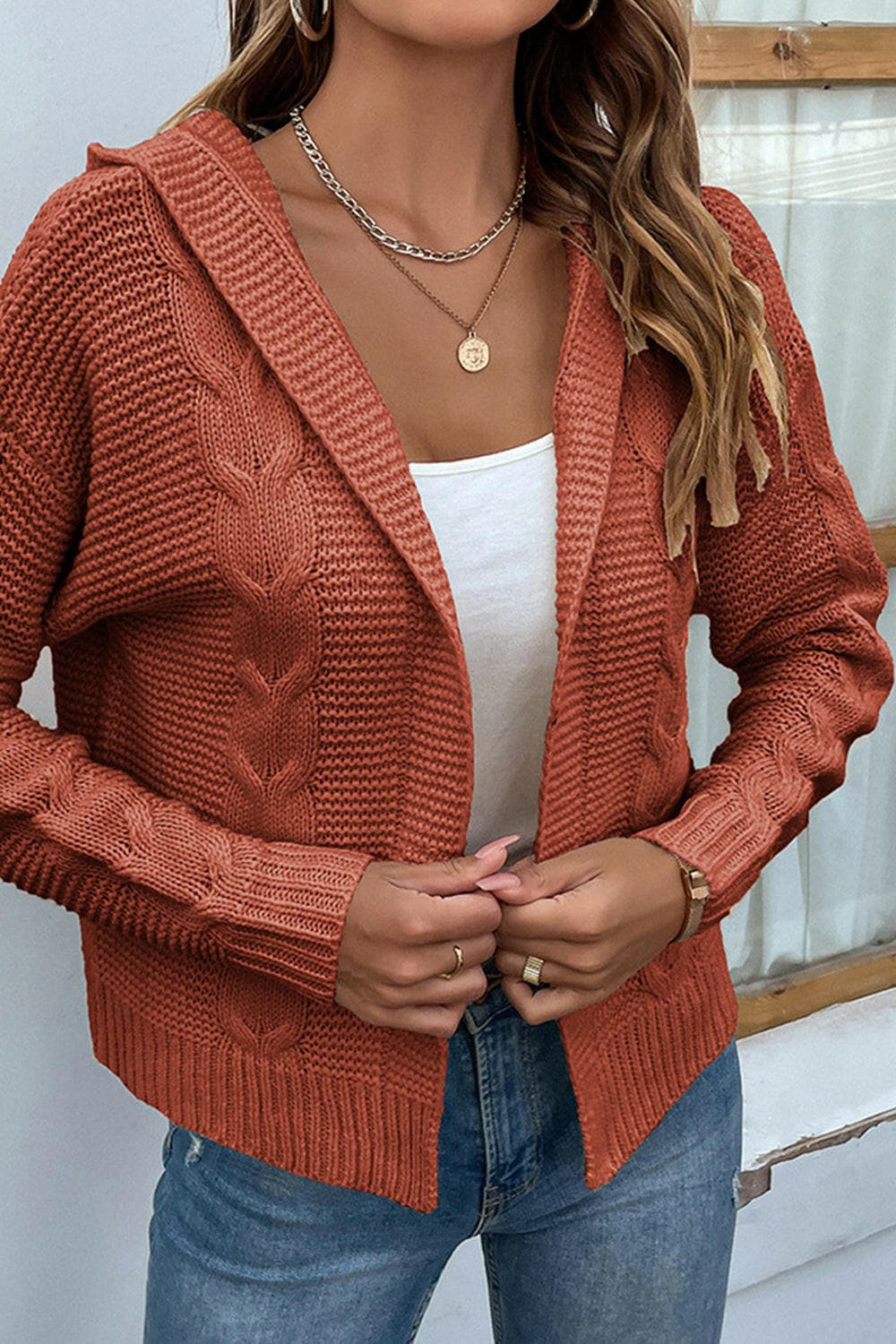 Cable-Knit Dropped Shoulder Hooded Cardigan.