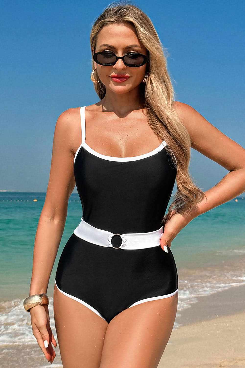 Two-Tone Black Belted One-Piece Swimsuit with Contrast Trim