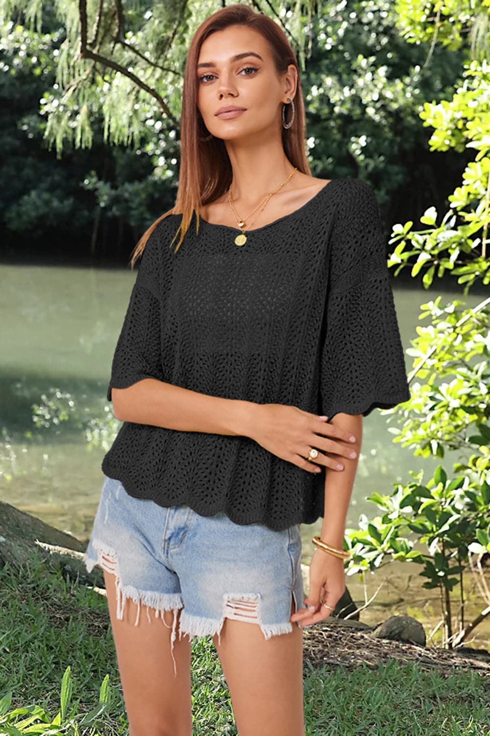 Openwork Round Neck Half Sleeve Knit Top.