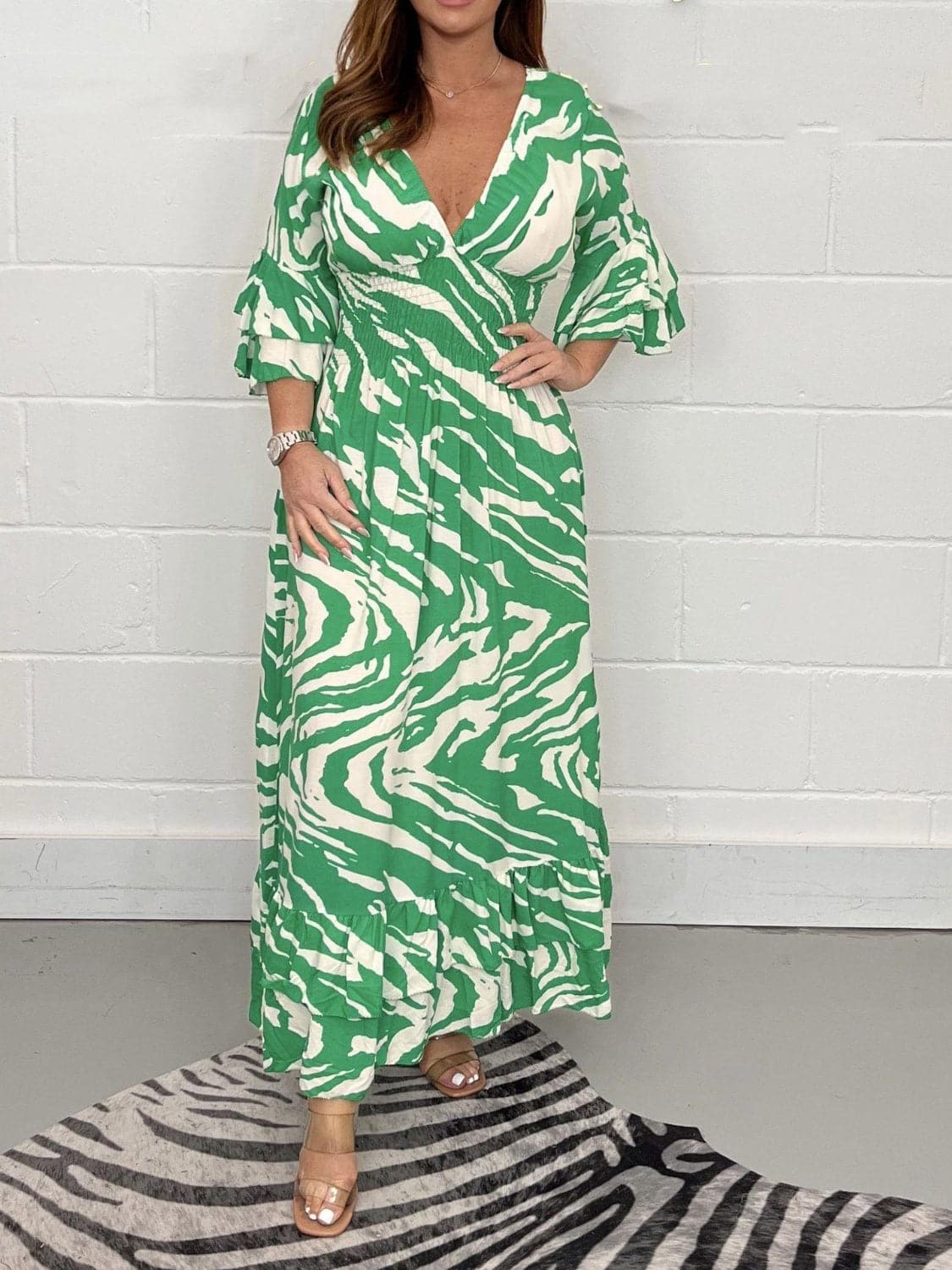 Smocked Printed Flounce Sleeve Maxi Dress.