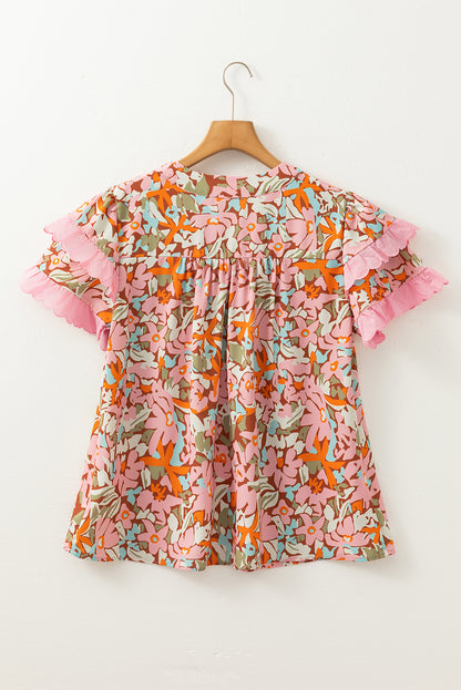 Multicolour Floral Tiered Ruffled Short Sleeve Blouse for Women