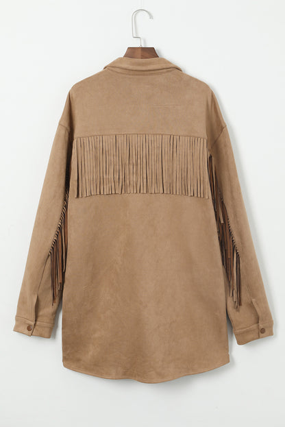 Chic khaki fringe plus size suede shacket for a stylish wardrobe update