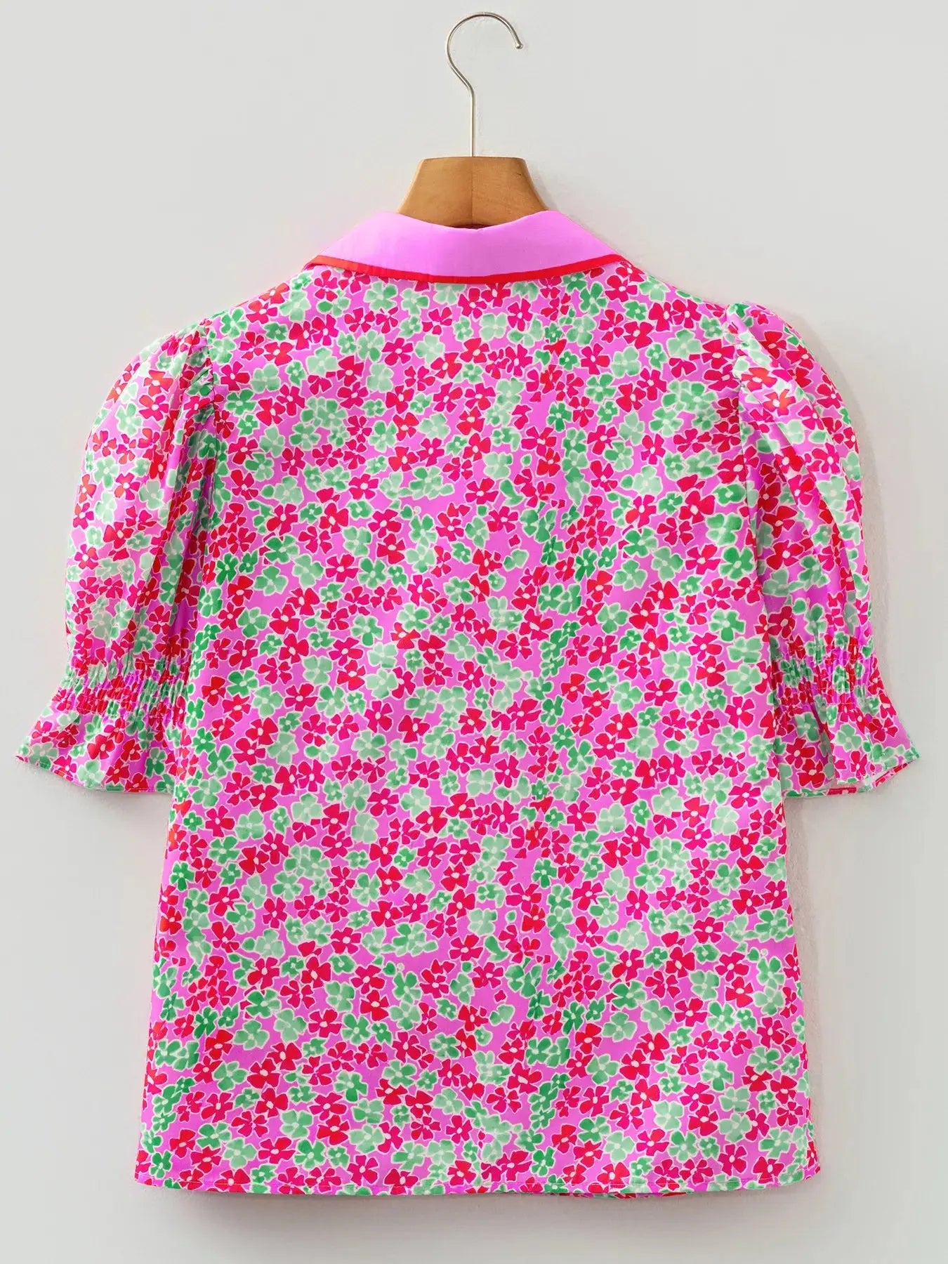 Floral Collared V Neck Short Puff Sleeve Blouse Simply Love