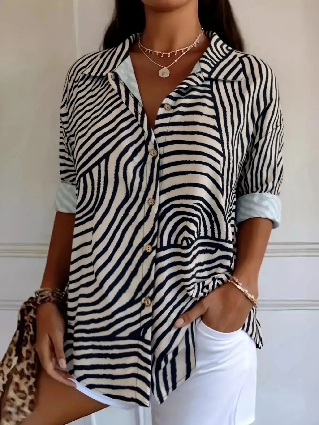 Plus Size Abstract Zebra Print Button-Down Shirt Simply Love
