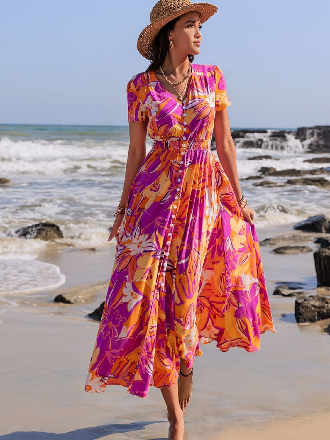 Printed V-Neck Short Sleeve Midi Dress.