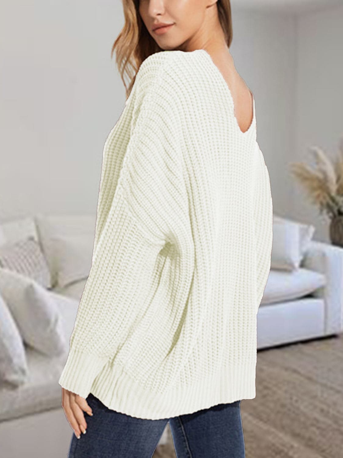 V-Neck Batwing Dropped Shoulder Sweater.