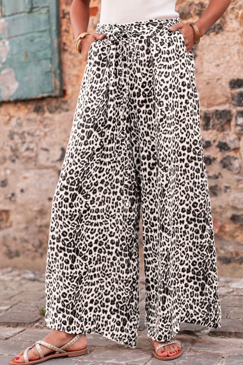 Leopard Drawstring Wide Leg Pants.